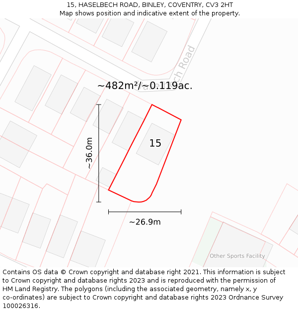 15, HASELBECH ROAD, BINLEY, COVENTRY, CV3 2HT: Plot and title map