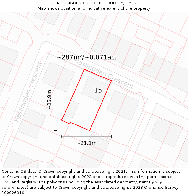 15, HASLINGDEN CRESCENT, DUDLEY, DY3 2FE: Plot and title map