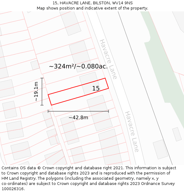 15, HAVACRE LANE, BILSTON, WV14 9NS: Plot and title map