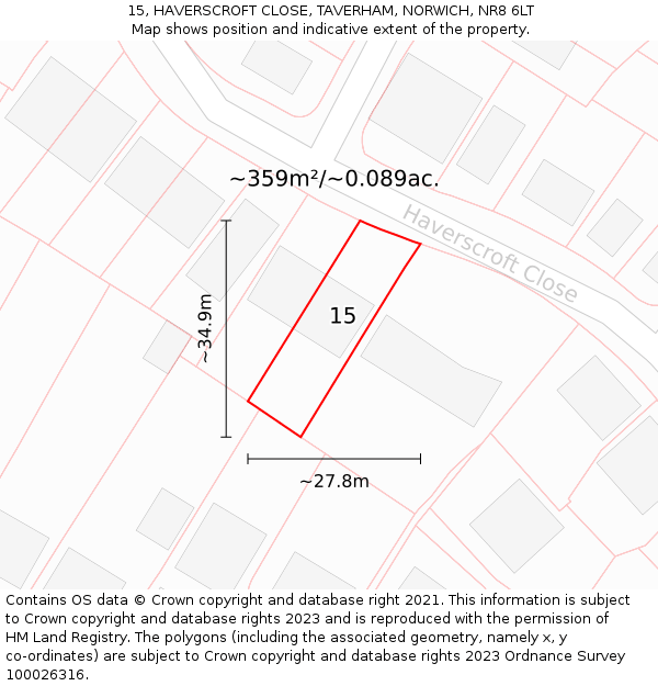 15, HAVERSCROFT CLOSE, TAVERHAM, NORWICH, NR8 6LT: Plot and title map