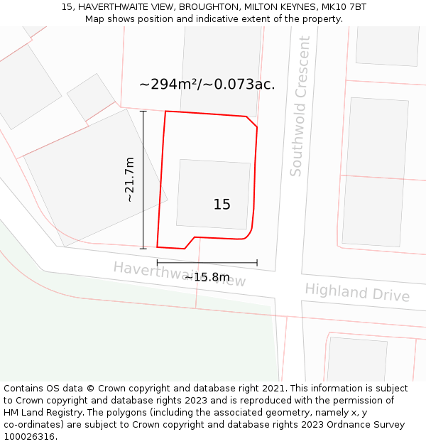 15, HAVERTHWAITE VIEW, BROUGHTON, MILTON KEYNES, MK10 7BT: Plot and title map