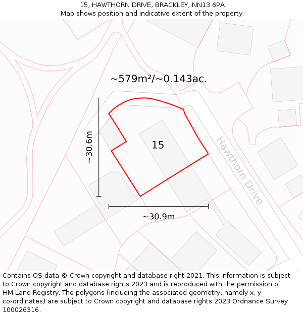 15, HAWTHORN DRIVE, BRACKLEY, NN13 6PA: Plot and title map