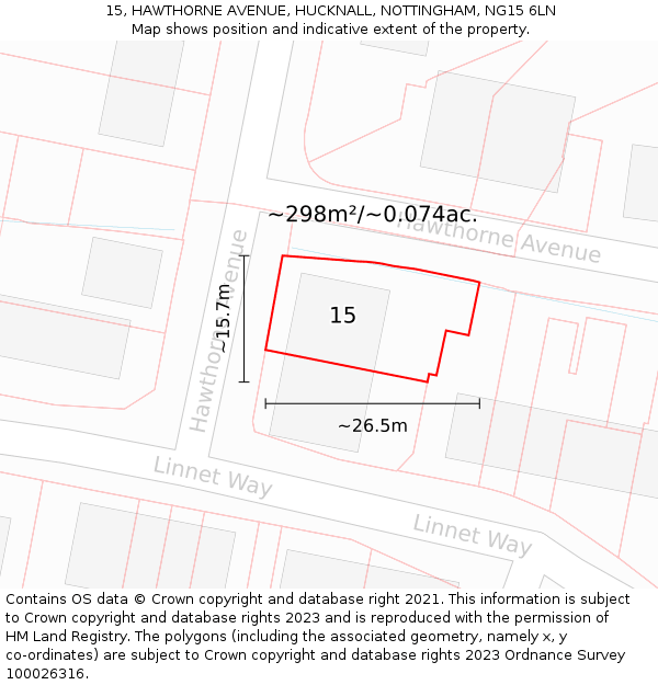 15, HAWTHORNE AVENUE, HUCKNALL, NOTTINGHAM, NG15 6LN: Plot and title map