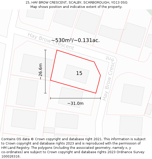15, HAY BROW CRESCENT, SCALBY, SCARBOROUGH, YO13 0SG: Plot and title map