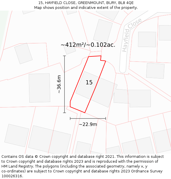 15, HAYFIELD CLOSE, GREENMOUNT, BURY, BL8 4QE: Plot and title map