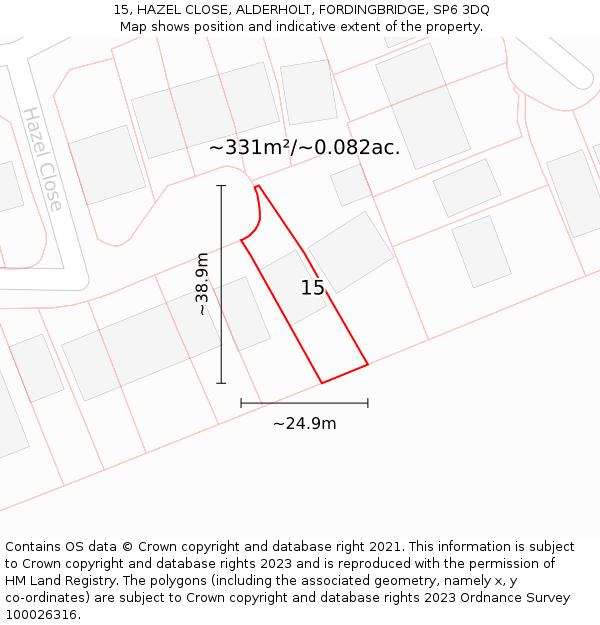 15, HAZEL CLOSE, ALDERHOLT, FORDINGBRIDGE, SP6 3DQ: Plot and title map