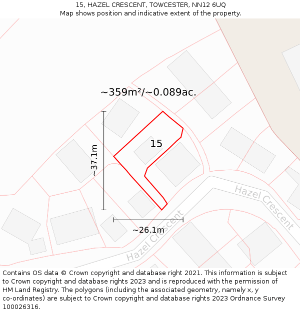 15, HAZEL CRESCENT, TOWCESTER, NN12 6UQ: Plot and title map