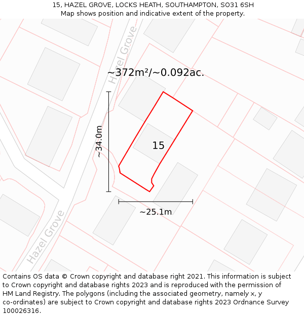 15, HAZEL GROVE, LOCKS HEATH, SOUTHAMPTON, SO31 6SH: Plot and title map