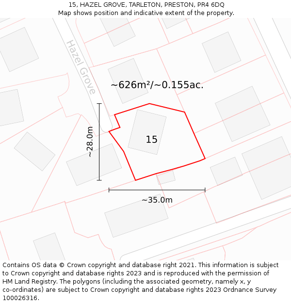 15, HAZEL GROVE, TARLETON, PRESTON, PR4 6DQ: Plot and title map