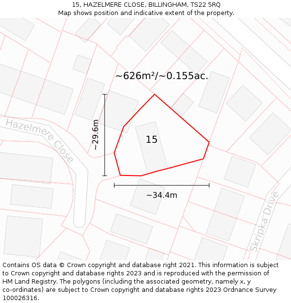 15, HAZELMERE CLOSE, BILLINGHAM, TS22 5RQ: Plot and title map