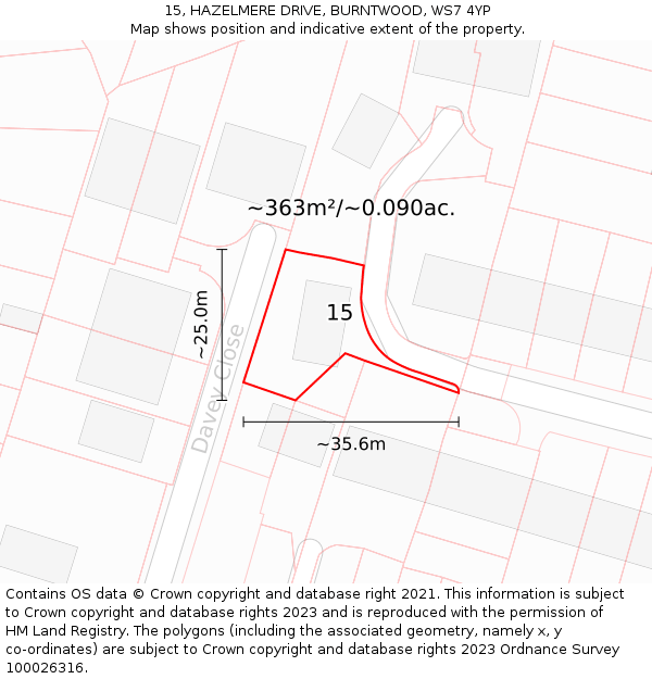 15, HAZELMERE DRIVE, BURNTWOOD, WS7 4YP: Plot and title map