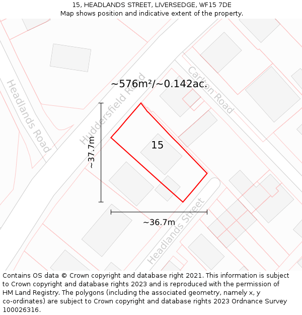 15, HEADLANDS STREET, LIVERSEDGE, WF15 7DE: Plot and title map