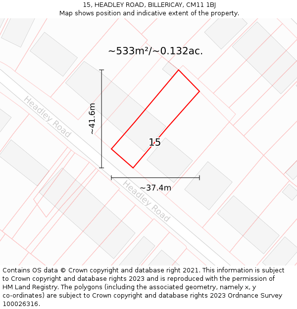 15, HEADLEY ROAD, BILLERICAY, CM11 1BJ: Plot and title map