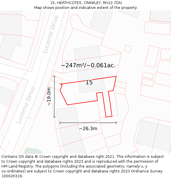 15, HEATHCOTES, CRAWLEY, RH10 7DN: Plot and title map