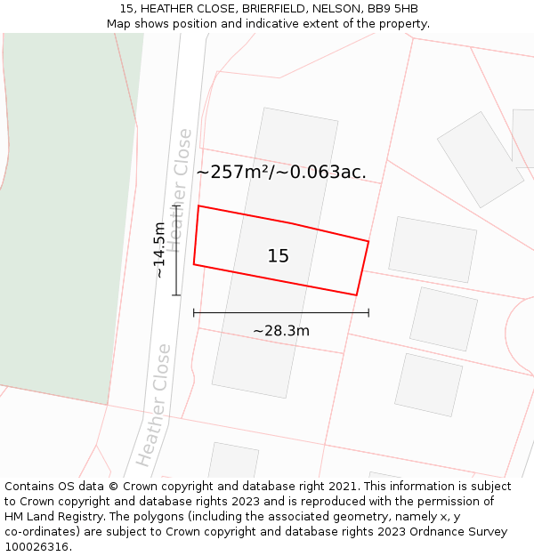 15, HEATHER CLOSE, BRIERFIELD, NELSON, BB9 5HB: Plot and title map