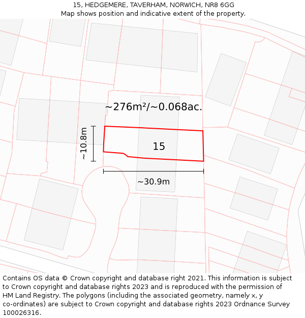 15, HEDGEMERE, TAVERHAM, NORWICH, NR8 6GG: Plot and title map