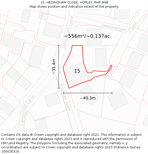 15, HEDINGHAM CLOSE, HORLEY, RH6 9NB: Plot and title map