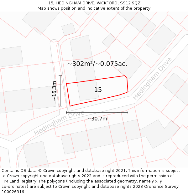 15, HEDINGHAM DRIVE, WICKFORD, SS12 9QZ: Plot and title map