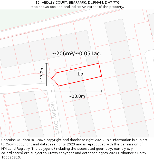 15, HEDLEY COURT, BEARPARK, DURHAM, DH7 7TG: Plot and title map