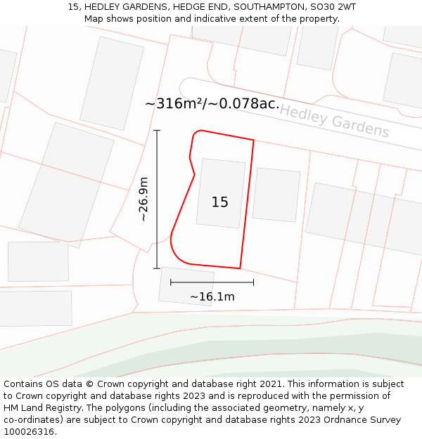 15, HEDLEY GARDENS, HEDGE END, SOUTHAMPTON, SO30 2WT: Plot and title map