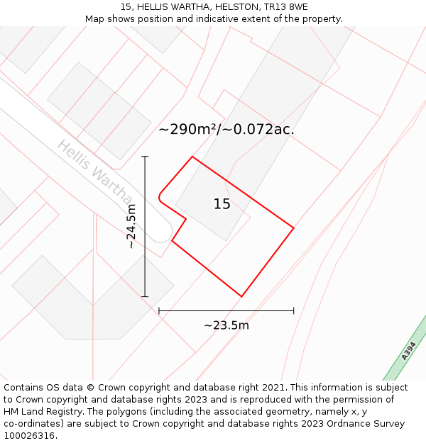 15, HELLIS WARTHA, HELSTON, TR13 8WE: Plot and title map