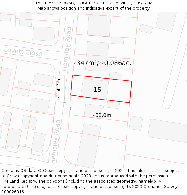 15, HEMSLEY ROAD, HUGGLESCOTE, COALVILLE, LE67 2NA: Plot and title map