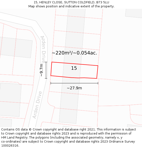 15, HENLEY CLOSE, SUTTON COLDFIELD, B73 5LU: Plot and title map
