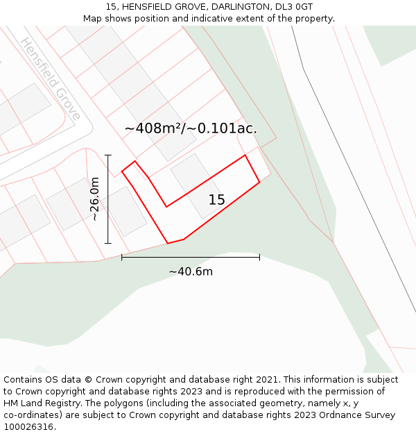 15, HENSFIELD GROVE, DARLINGTON, DL3 0GT: Plot and title map