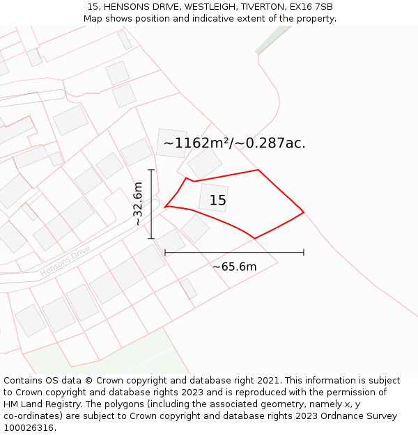 15, HENSONS DRIVE, WESTLEIGH, TIVERTON, EX16 7SB: Plot and title map
