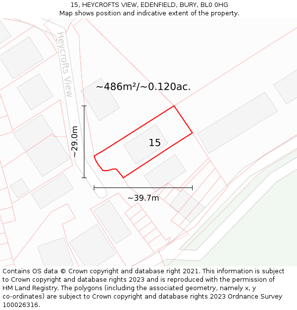 15, HEYCROFTS VIEW, EDENFIELD, BURY, BL0 0HG: Plot and title map