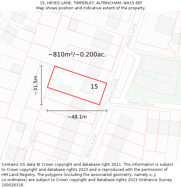 15, HEYES LANE, TIMPERLEY, ALTRINCHAM, WA15 6EF: Plot and title map