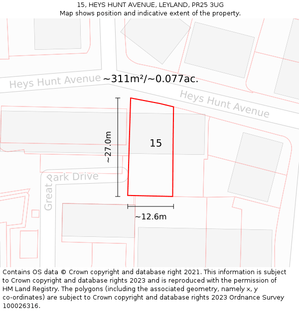 15, HEYS HUNT AVENUE, LEYLAND, PR25 3UG: Plot and title map