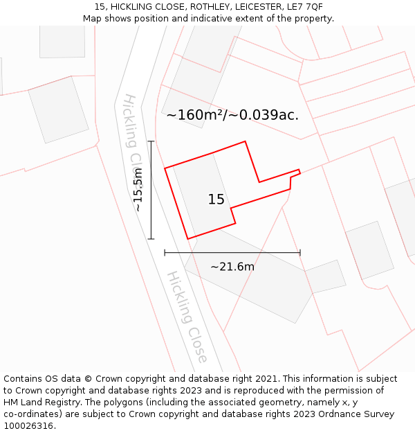 15, HICKLING CLOSE, ROTHLEY, LEICESTER, LE7 7QF: Plot and title map