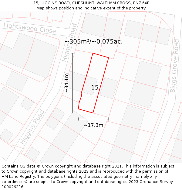 15, HIGGINS ROAD, CHESHUNT, WALTHAM CROSS, EN7 6XR: Plot and title map