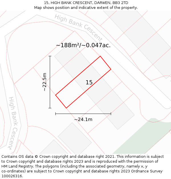 15, HIGH BANK CRESCENT, DARWEN, BB3 2TD: Plot and title map