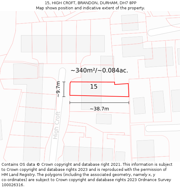 15, HIGH CROFT, BRANDON, DURHAM, DH7 8PP: Plot and title map