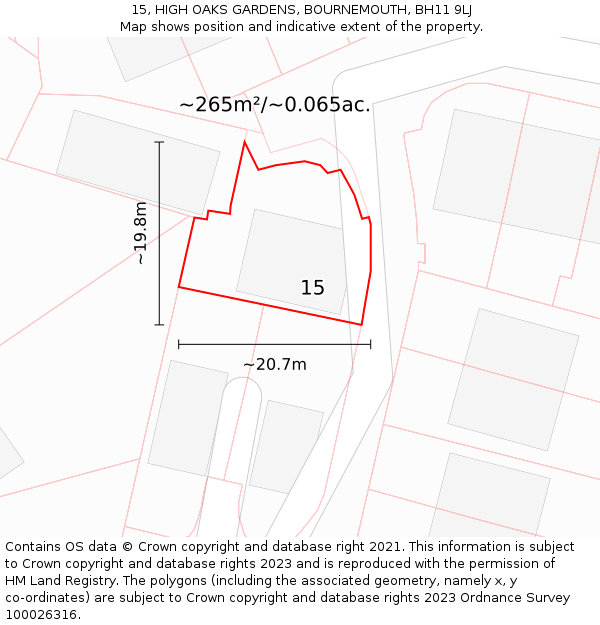 15, HIGH OAKS GARDENS, BOURNEMOUTH, BH11 9LJ: Plot and title map