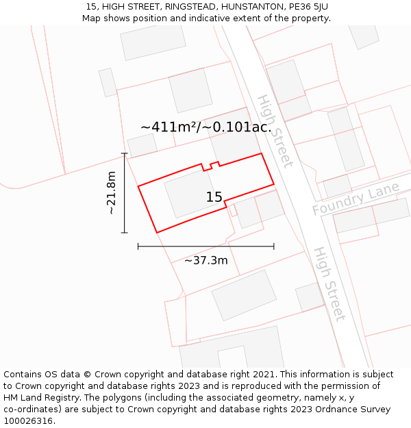 15, HIGH STREET, RINGSTEAD, HUNSTANTON, PE36 5JU: Plot and title map