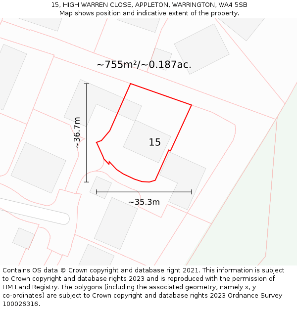15, HIGH WARREN CLOSE, APPLETON, WARRINGTON, WA4 5SB: Plot and title map