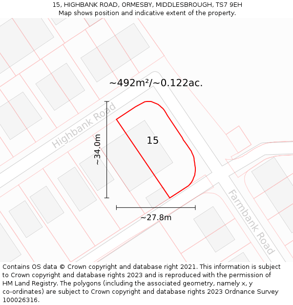 15, HIGHBANK ROAD, ORMESBY, MIDDLESBROUGH, TS7 9EH: Plot and title map