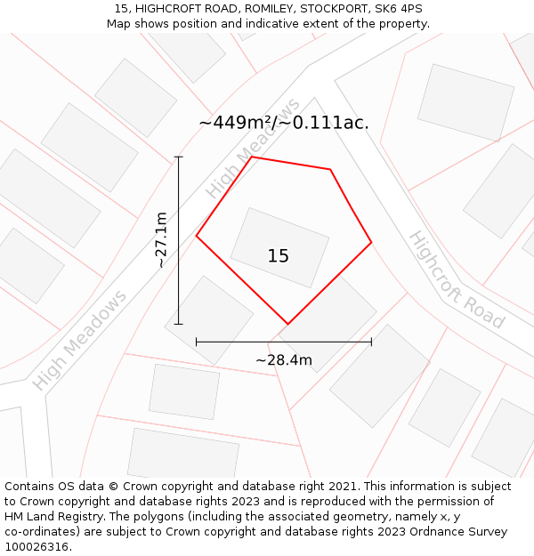 15, HIGHCROFT ROAD, ROMILEY, STOCKPORT, SK6 4PS: Plot and title map