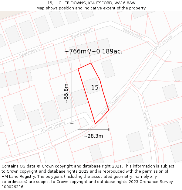 15, HIGHER DOWNS, KNUTSFORD, WA16 8AW: Plot and title map