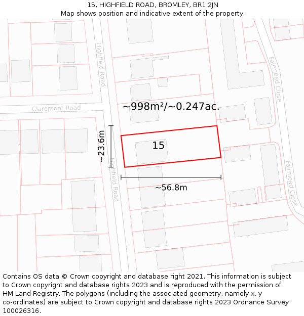 15, HIGHFIELD ROAD, BROMLEY, BR1 2JN: Plot and title map