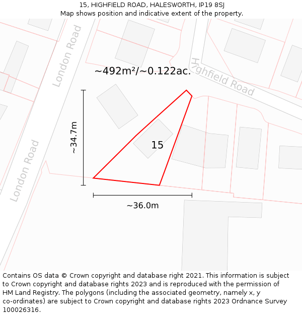 15, HIGHFIELD ROAD, HALESWORTH, IP19 8SJ: Plot and title map