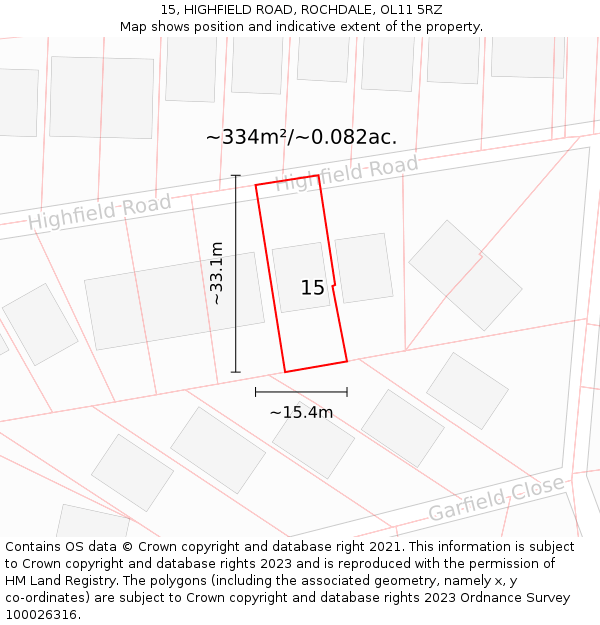 15, HIGHFIELD ROAD, ROCHDALE, OL11 5RZ: Plot and title map