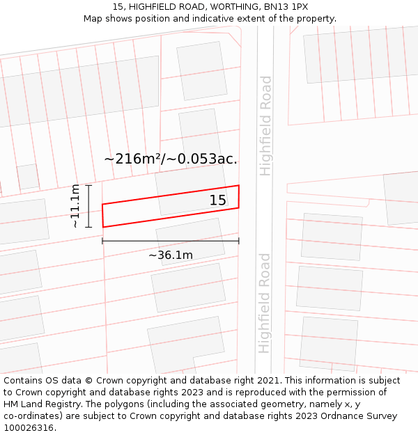 15, HIGHFIELD ROAD, WORTHING, BN13 1PX: Plot and title map