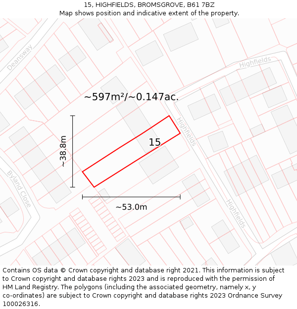 15, HIGHFIELDS, BROMSGROVE, B61 7BZ: Plot and title map