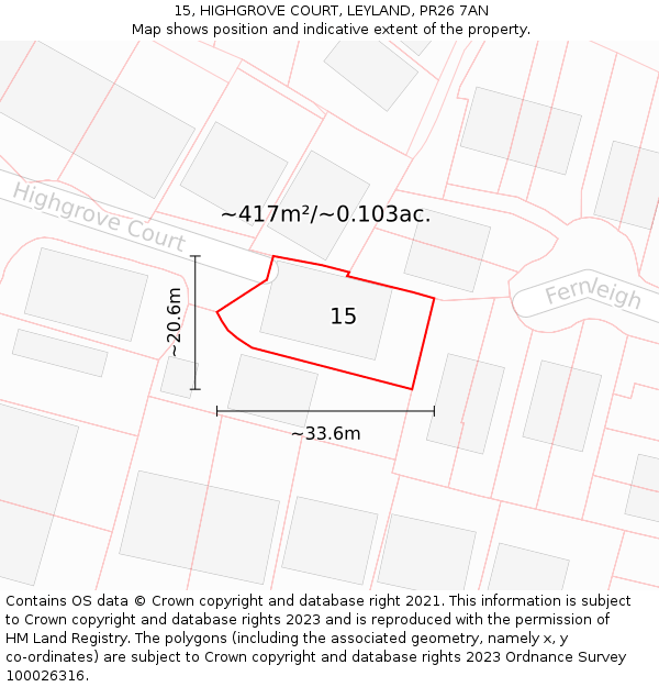 15, HIGHGROVE COURT, LEYLAND, PR26 7AN: Plot and title map