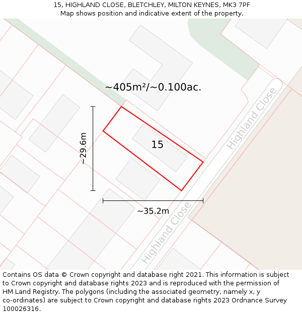 15, HIGHLAND CLOSE, BLETCHLEY, MILTON KEYNES, MK3 7PF: Plot and title map