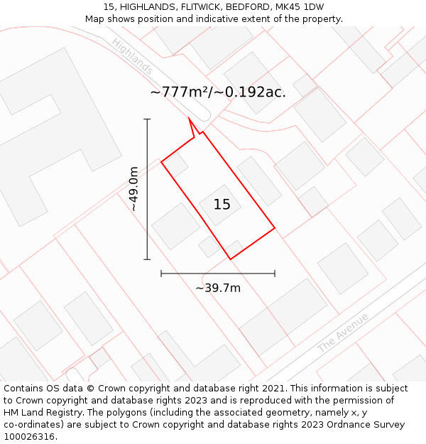 15, HIGHLANDS, FLITWICK, BEDFORD, MK45 1DW: Plot and title map